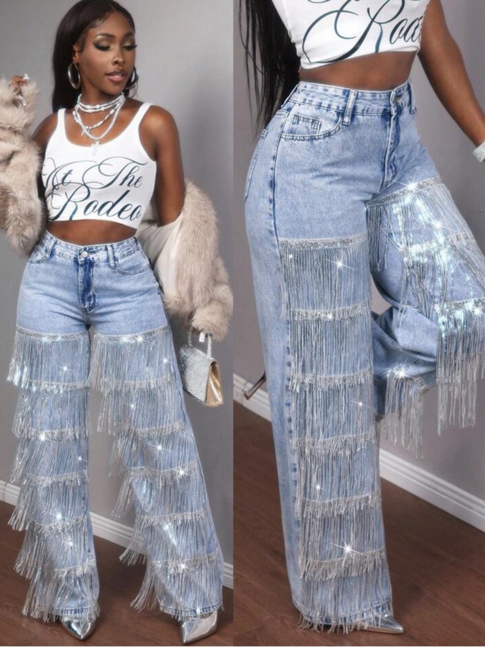 SHEIN Glitter Sequin Fringe Light Wash Women's Jeans